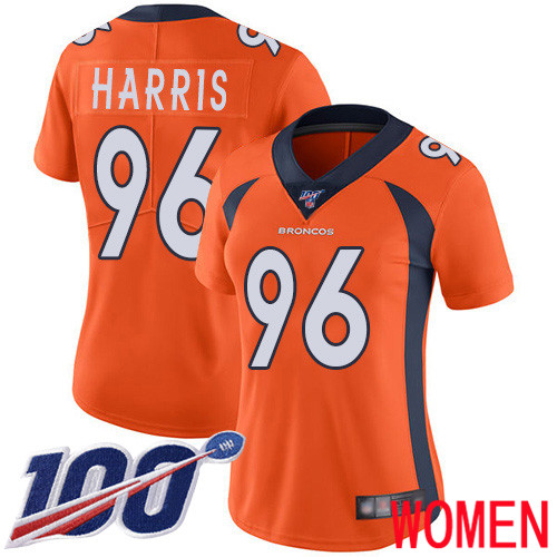 Women Denver Broncos 96 Shelby Harris Orange Team Color Vapor Untouchable Limited Player 100th Season Football NFL Jersey